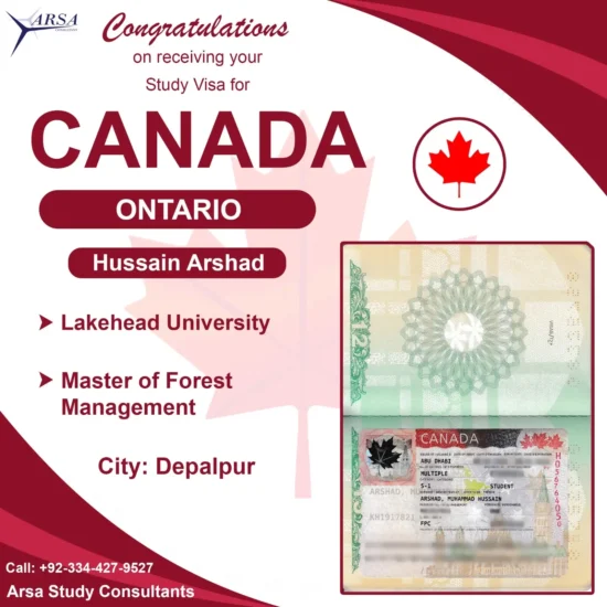 Congratulations Hussain Arshhad on getting Canada study visa 2023 by ARSA Study VISA Consultants Lahore.