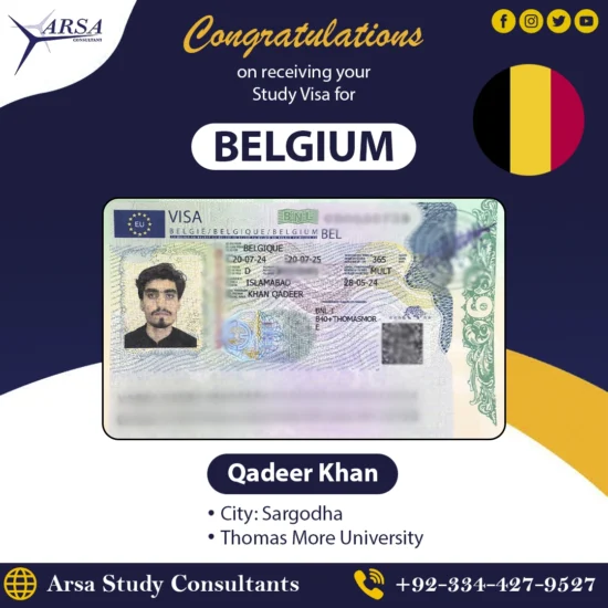 Congratulation Qadeer Khan For Getting Belgium Study VISA 2024 By ARSA Study VISA Consultants