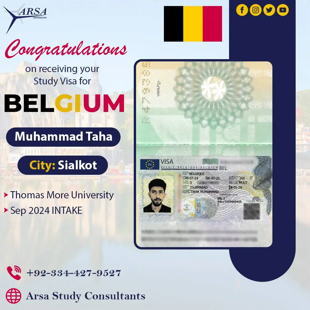 Congratulation Muhammad Taha For Getting Belgium Study VISA 2024 By ARSA Study VISA Consultants