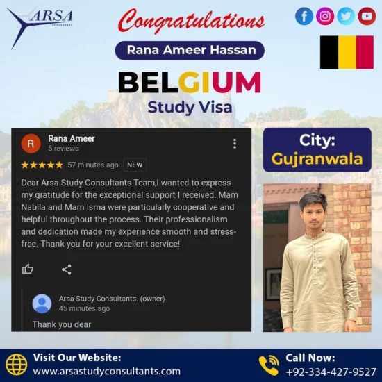 Congratulation Rana Ameer Hassan For Getting Belgium Study VISA 2024 By ARSA Study VISA Consultants