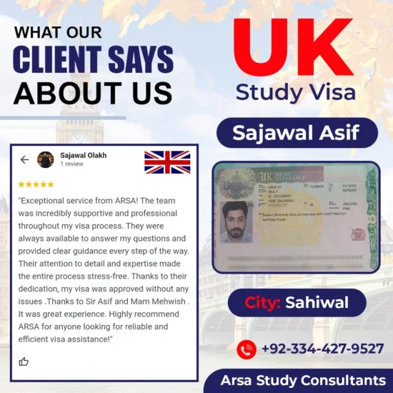 Congratulation Sajawal Asif For Getting UK Study VISA 2024 By ARSA Study VISA Consultants