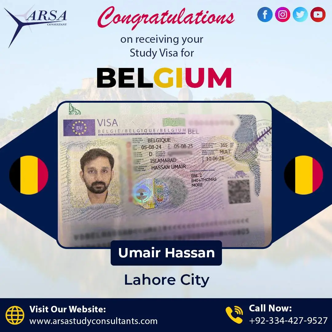 Congratulation Umair Hassan For Getting Belgium Study VISA 2024 By ARSA Study VISA Consultants