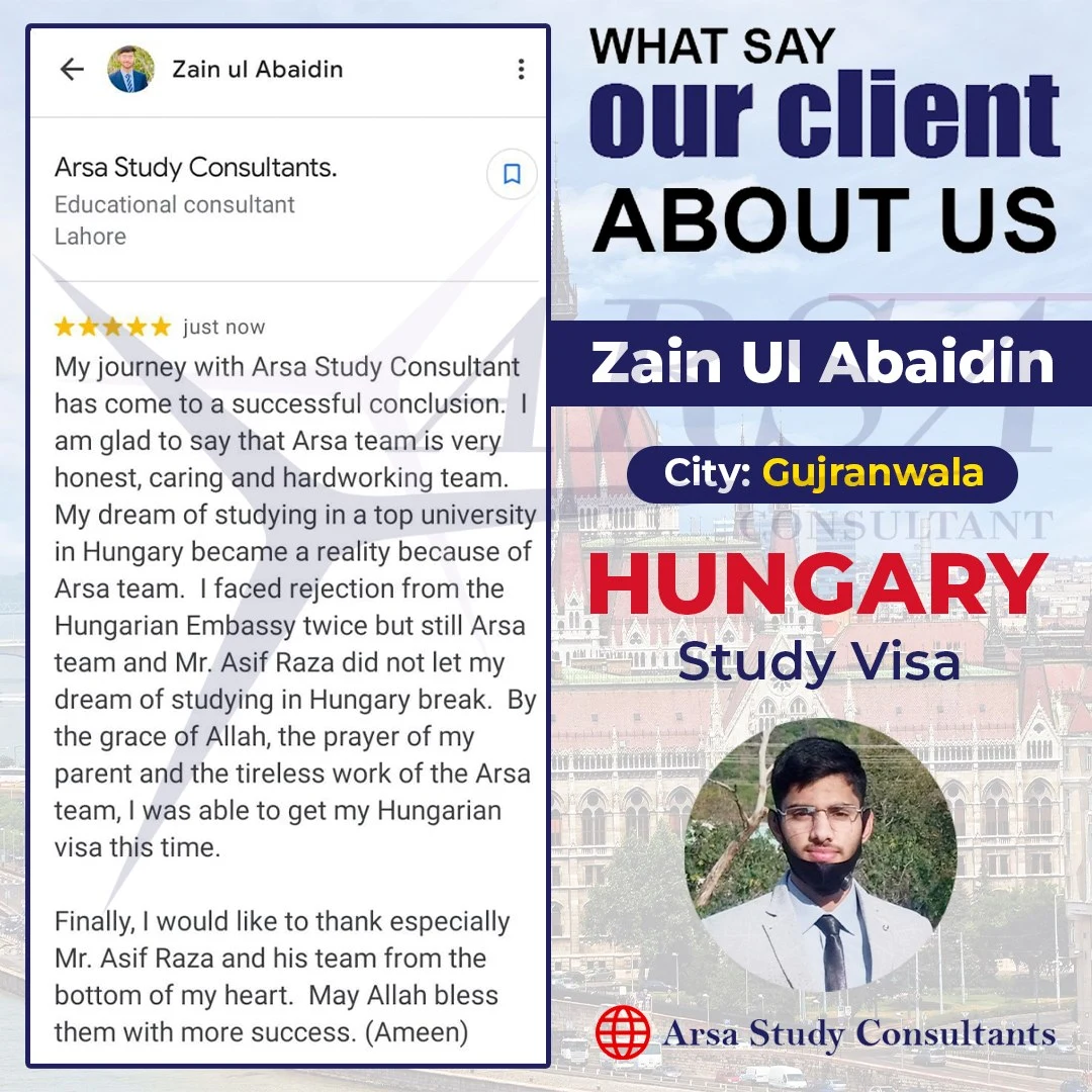 Congratulation Zain ul Aabdin For Getting Hungary Study VISA 2024 By ARSA Study VISA Consultants