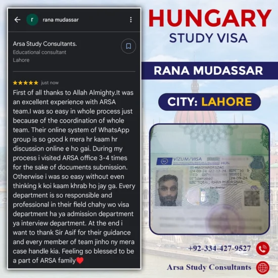 Congratulation Rana Mudassar For Getting Hungary Study VISA 2024 By ARSA Study VISA Consultants