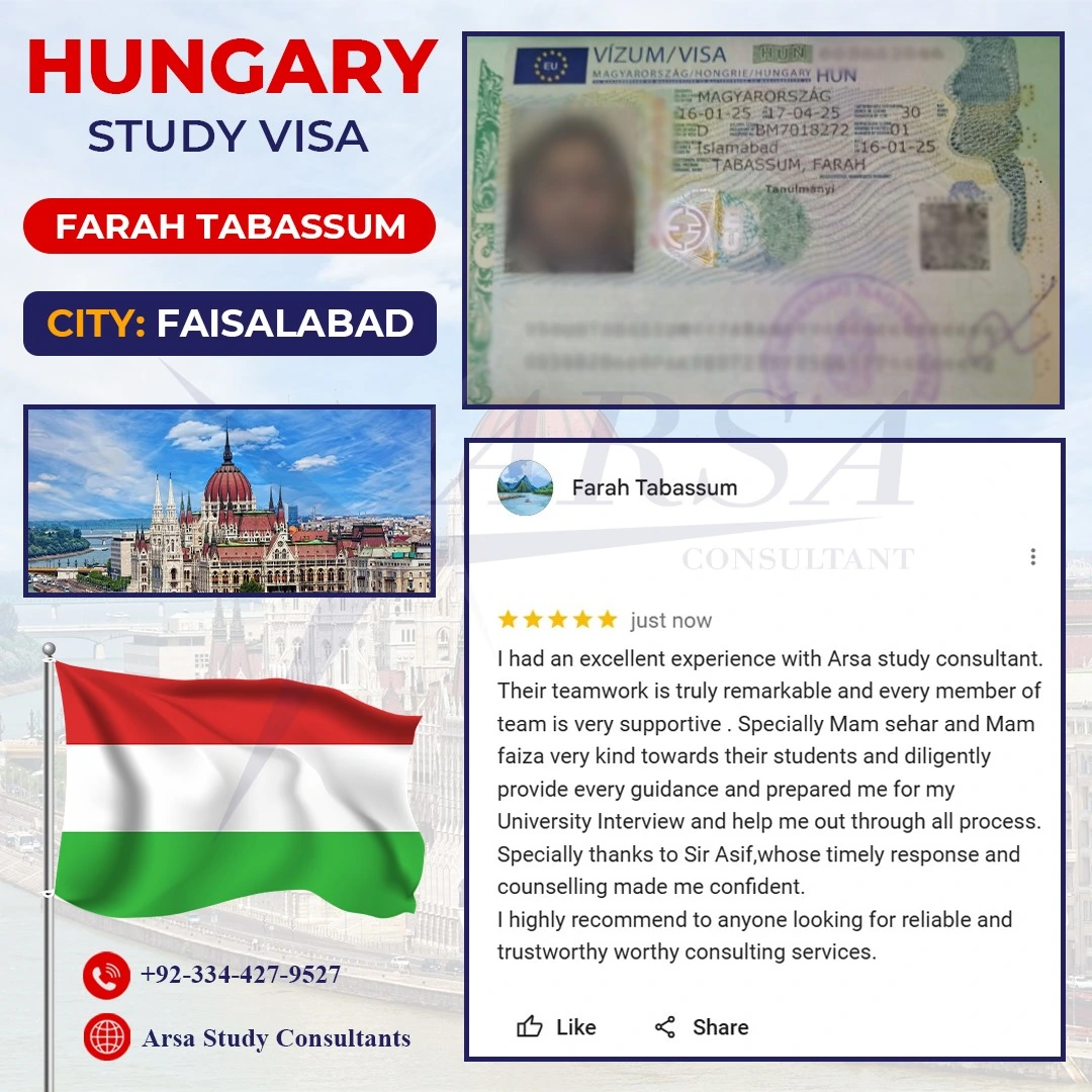 Congratulation Farah Tabassum For Getting Hungary Study VISA 2025 By ARSA Study VISA Consultants