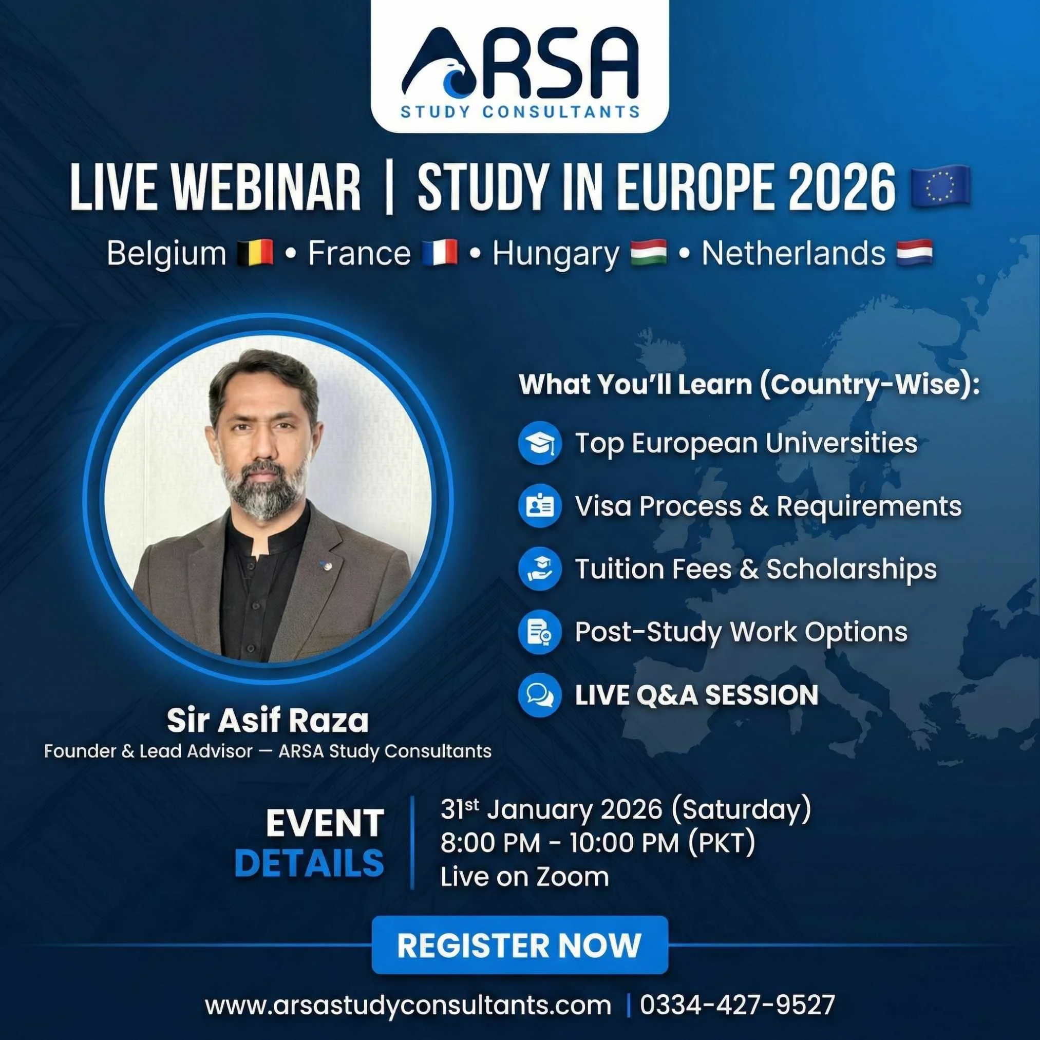 Live Study in Europe 2026 webinar by ARSA Study Consultants covering Belgium, France, Hungary and Netherlands with visa, universities, scholarships and post-study work guidance