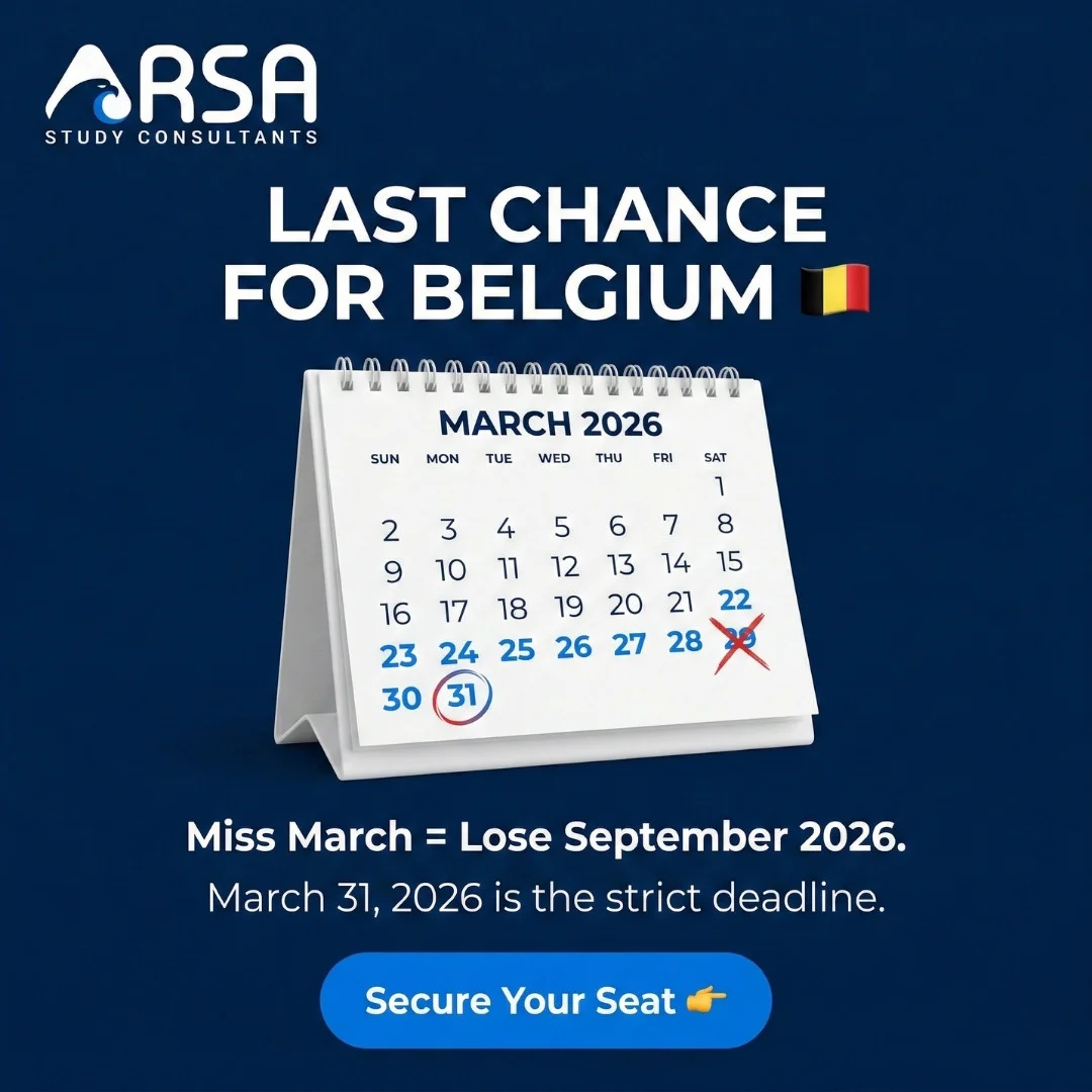 Belgium September 2026 intake deadline March 31 2026 apply now ARSA Study Consultants Pakistan